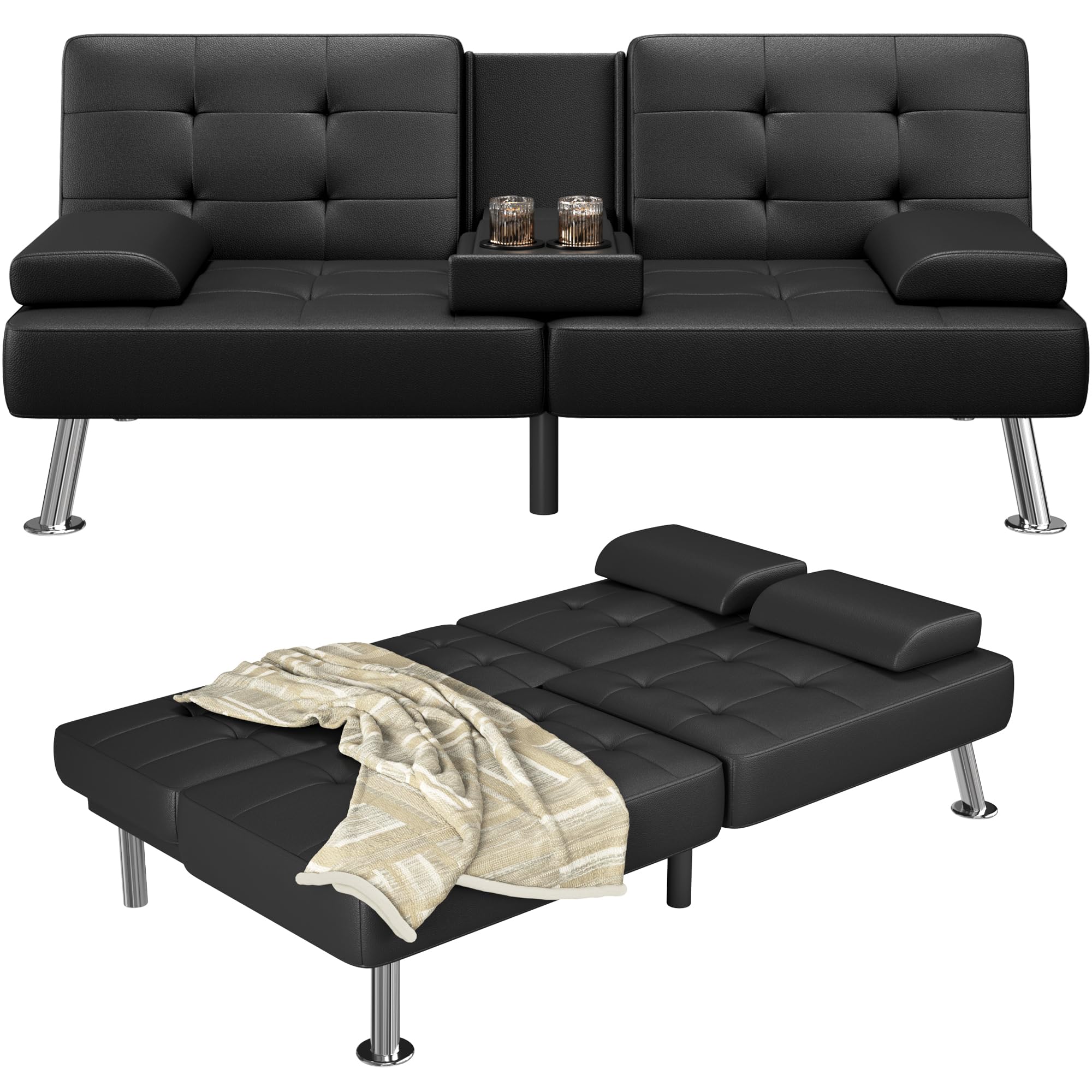 Furmax Leather Futon Sofa Bed, Adjustable Futon Couch for Living Room | Sleeper Sofa Bed with 2 Cup Holders, Reclining Futon Loveseat for Apartment, Business Office & Small Spaces | Black