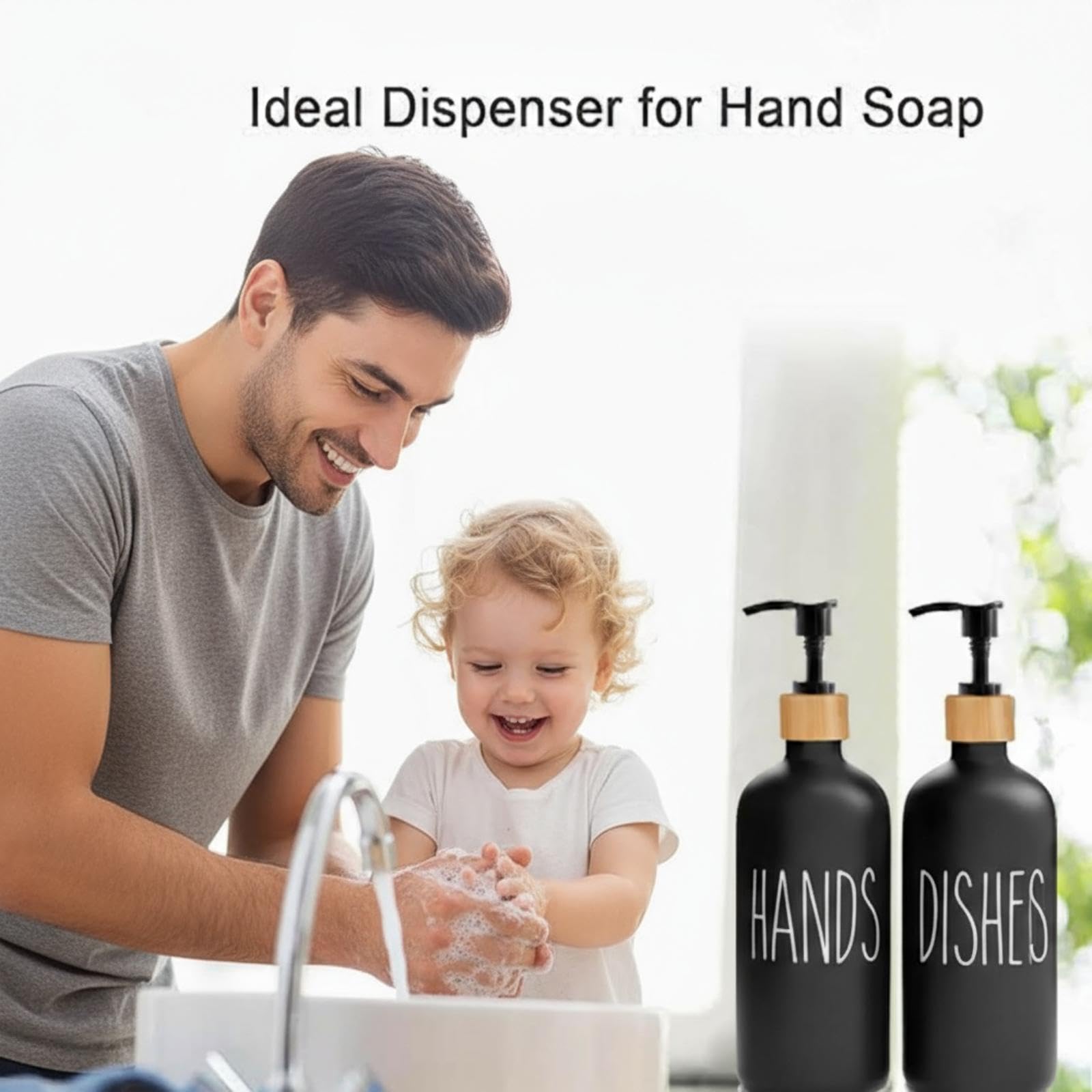 Set dispenser di sapone in vetro, 2 bottiglie marroni con pompa e vassoio in bambù, per cucina e bagno (Nero)