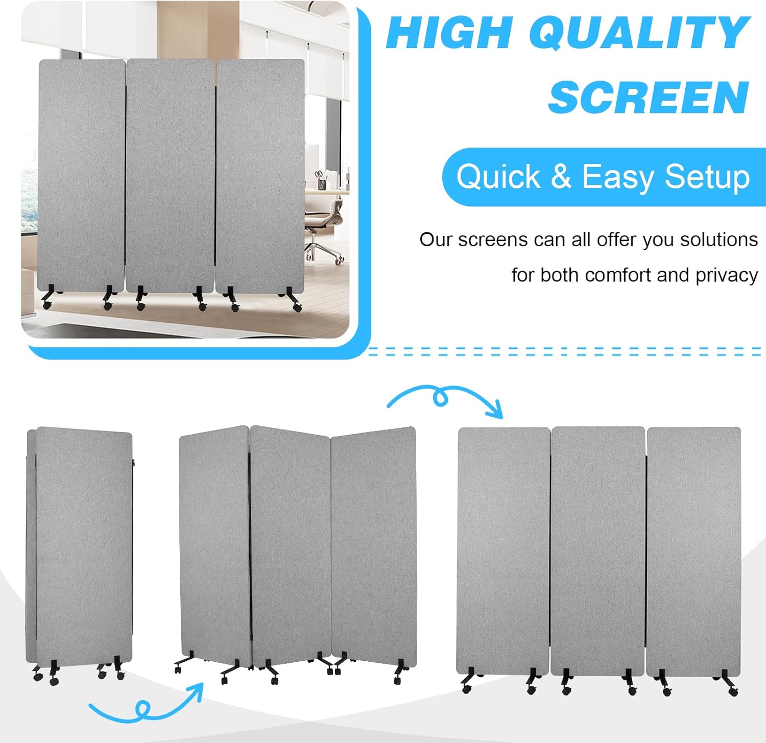 Generic 3 Panel Freestanding Partition Room Dividers Soundproof Privacy Panels Folding Portable Partition Screens for Offices Balcony Bedroom Outdoor Garden