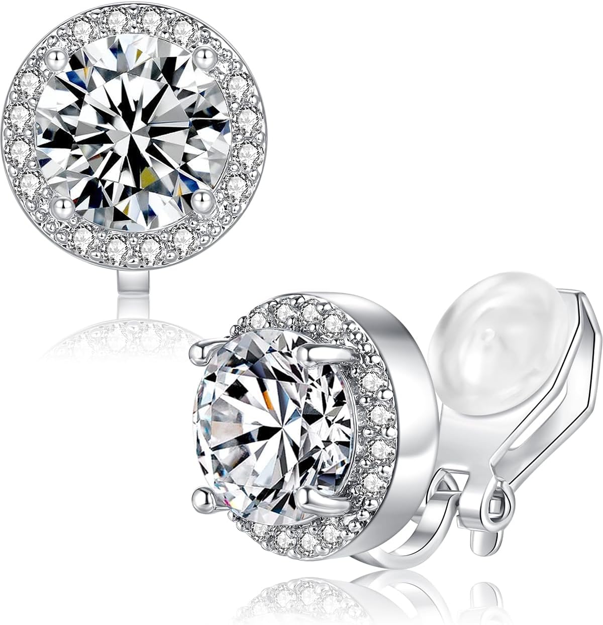 Cubic Zirconia Clip on Earrings, Hypoallergenic Crystal Clip On Stud Earrings Round Non Pierced Halo Earrings for Women 9mm