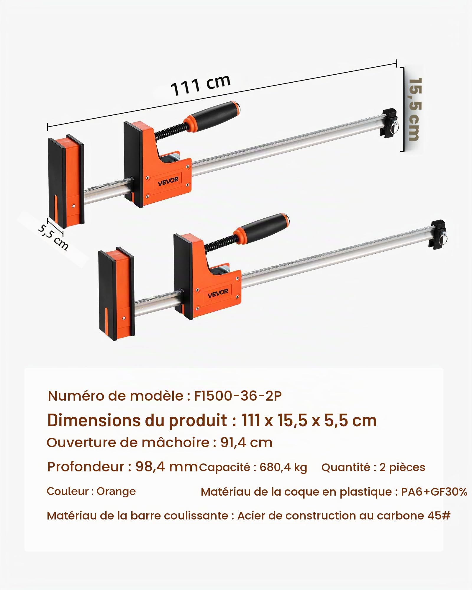 VEVOR Serre-Joints Parallèles 2PCs Ouverture de la Mâchoire 91,4 cm, Pince Écarteur en F avec Limite de Charge de 680 kg, Pression Uniforme, en Plastique et Acier au Carbone, Menuisier Métallurgie
