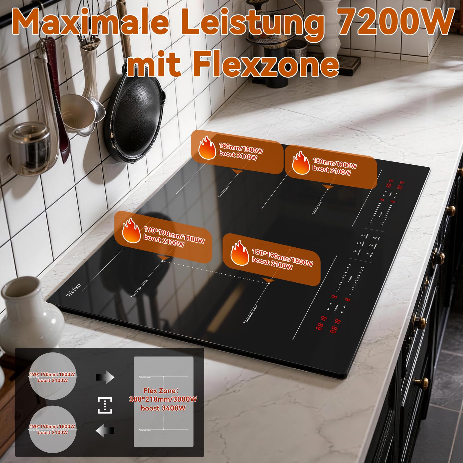 Hobsir Induktionskochfeld 60cm 4 Platten 7200W mit Flexzone Schwarz | Glaskeramikkochfeld 4 zonen Touch-Bedienung, separat steuerbare Kochfelder, Kinderhalte, Boost & Timer, Heizfunktion & Pause