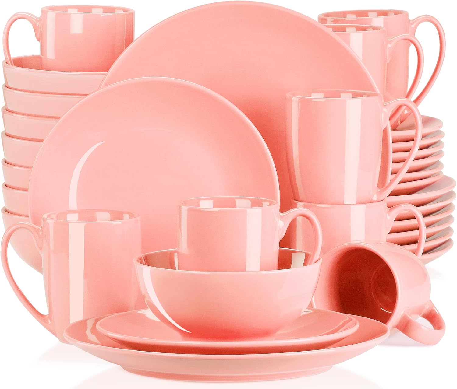 LOVECASA-Sweet Vajilla de Porcelana de 32 piezas, Juego de Vajilla para 8 Personas, Cada Una con 8 Cuencos, 8 Tazas, 8 Platos de Postre y 8 Platos de Cena, Rosa