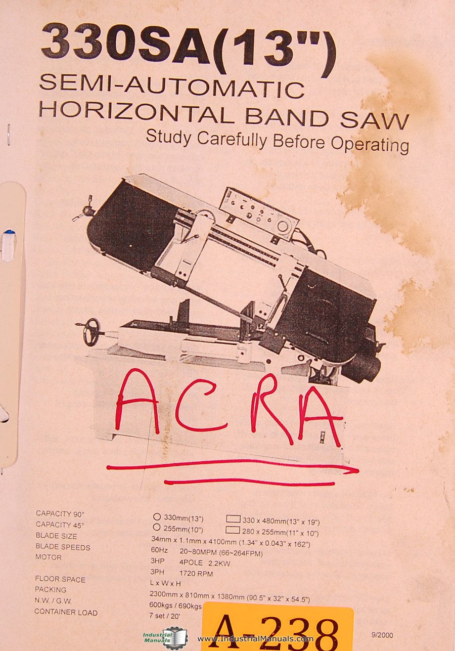 Acra China 330SA (13"), Simi Auto Horizontal Band Saw, Operations and