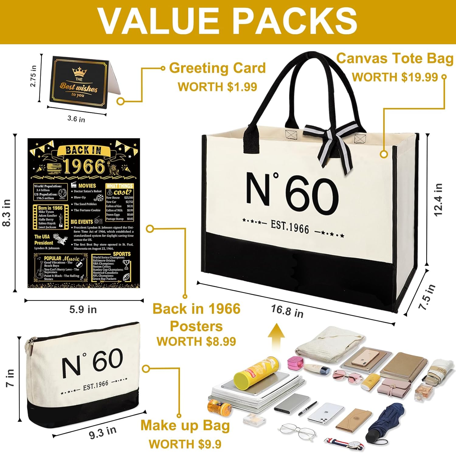 YeohJoy 60th Birthday Gifts for Women Canvas Tote Bag, Unique 60 Years Old Birthday Gifts for Aunt Mom Wife Friends Sister Her, EST.1966 Handbag & Makeup Bag & Back in 1966 Poster