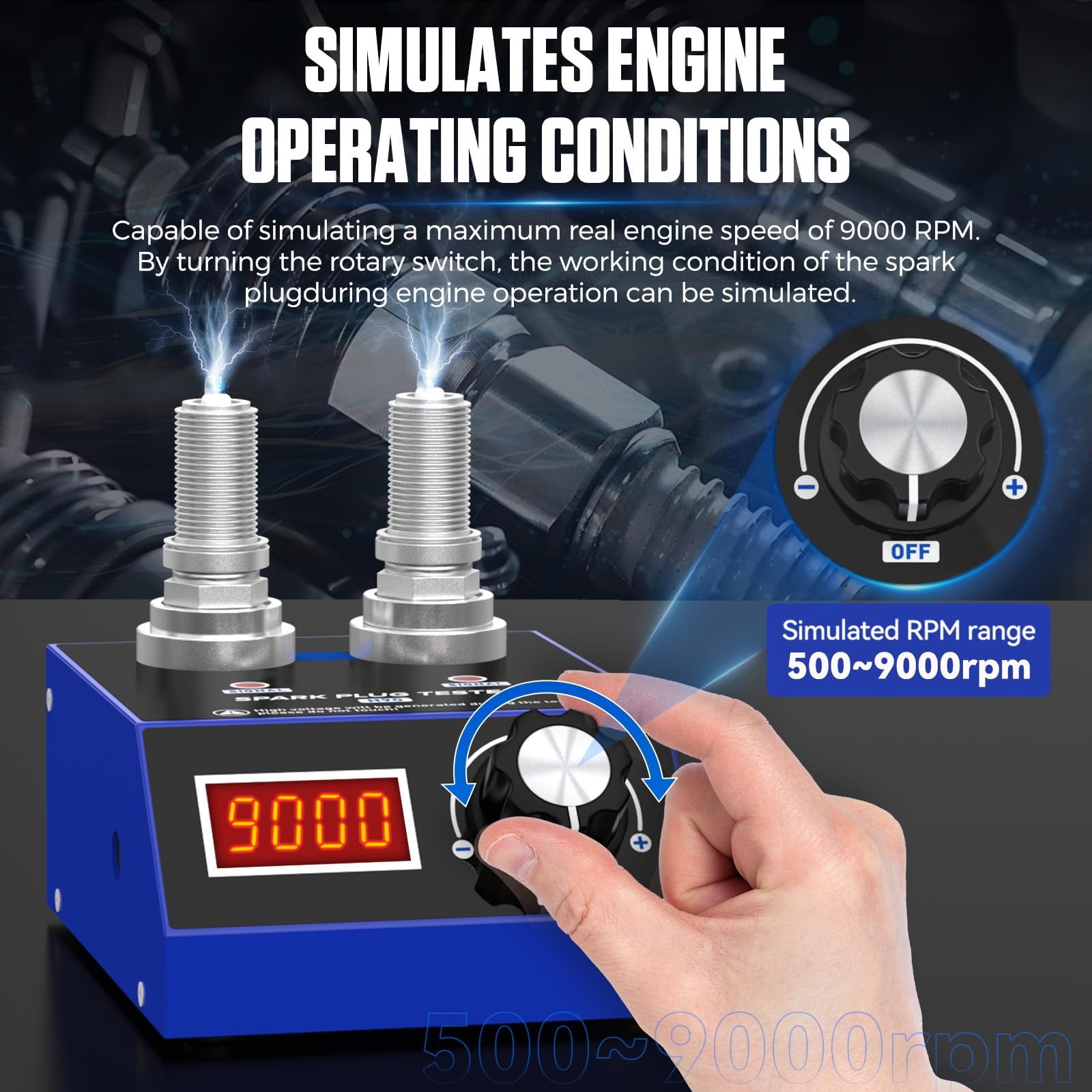 PLAYOCCAR Tester per candele 110V/220V - Doppio foro, Frequenza 500~9000RPM, Candela per auto 12V/24V, con display