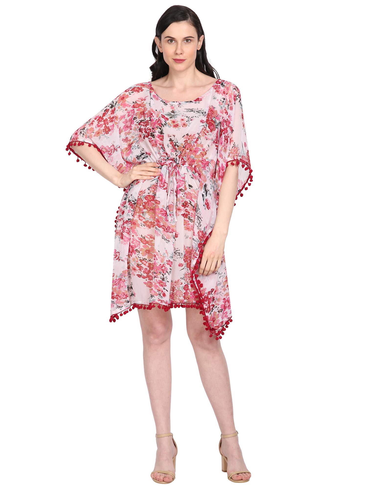intrend forever White & Pink Cherry Blossom Printed Georgette Kaftan Cover Up with Maroon Pom Pom Lace Beach Kimono Poncho Casual Top for Women Adjustable Knot Tie Free Size-picture-44