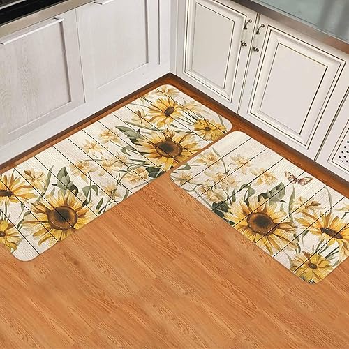Miniatura 3 de 2 tapetes de cocina acolchados antifatiga con girasol, impermeables, antideslizantes, lavables, para interiores y exteriores, girasol en tablero