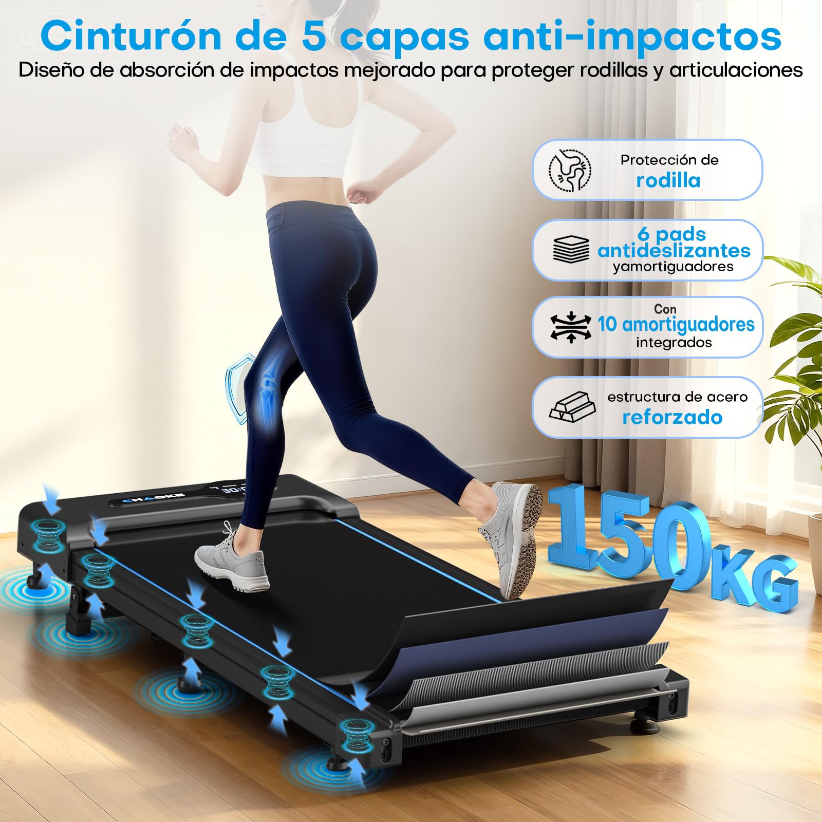 Cinta de Correr CHAOKE Walking Pad con inclinación del 9%, Cinta de Correr bajo Escritorio a 10 km/h, Motor silencioso de 2,75 CV, Capacidad máxima de 150 kg, con 12 programas HIIT y Control Remoto - 5