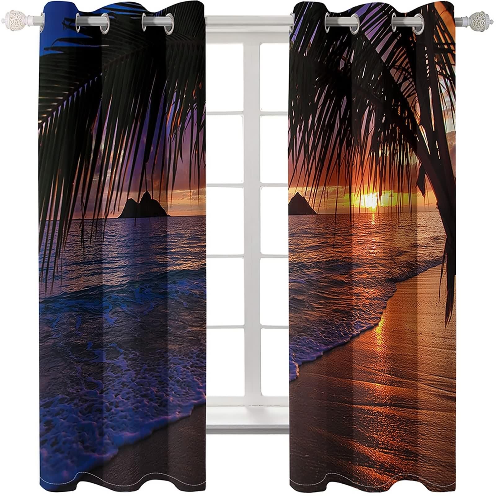 Rideau Fenetre Chambre, Rideau Cuisine Bleu Violet Marron Polyester Paysage de Coucher de Soleil sur La Plage 234L x 214H CM Lot de 2