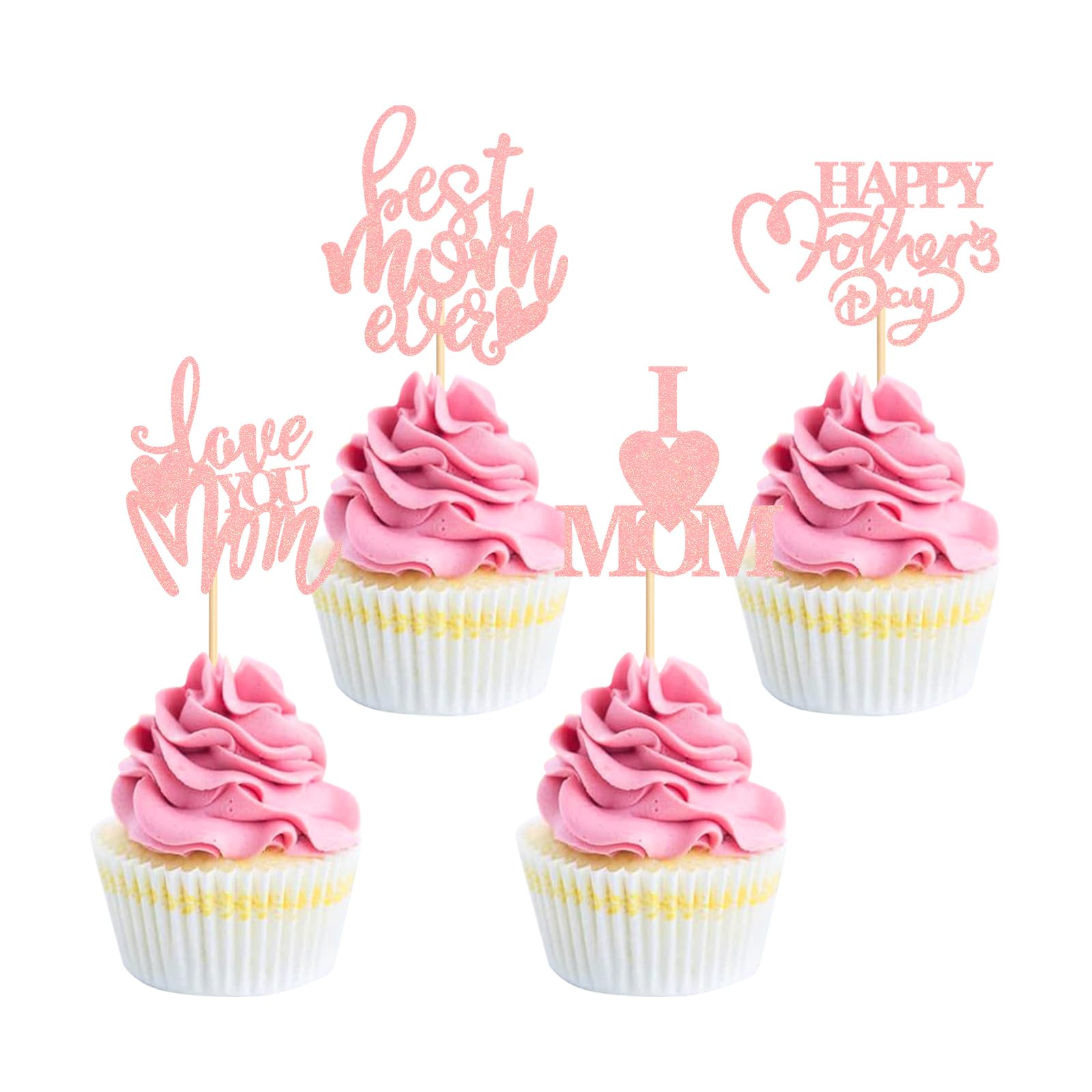 Blumomon 24Pcs Happy Mothers Day Cupcake Toppers Pink Glitter Mum's Day Love Mum Cake Toppers Rose Best Mom Cupcake Picks for Mother's Day Party Decorations