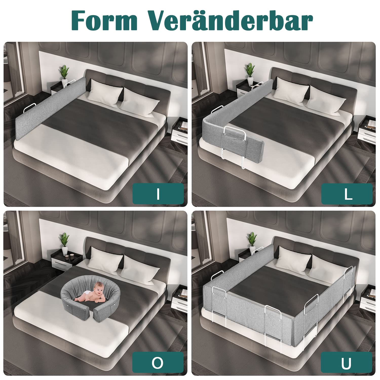 FIVMEN Barrera para cama de 200 cm, 40 – 60 cm, 5 agujeros, altura ajustable, borde de cama flexible