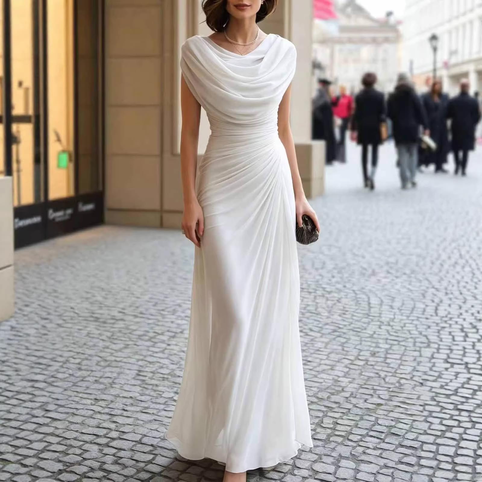 Abendkleider Elegant Für Hochzeit Tüll Ballkleider Damen Lang A-Linie Kleid Hochzeitsgast Cocktail Festliche Kleider Schlitz Plissee Abschlusskleid Wasserfallausschnitt Brautkleid Maxi Rückenfrei