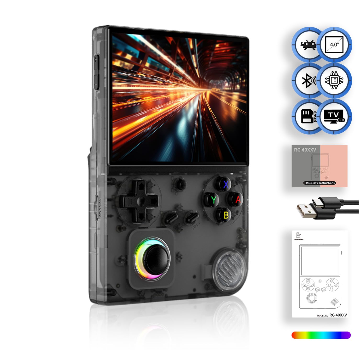 FINGEREVO RG40XXV Handheld Game Console 4.0-in 640 * 480 IPS OCA Screen 3200mAh 64Bit System RG 40XXV Black Transparent