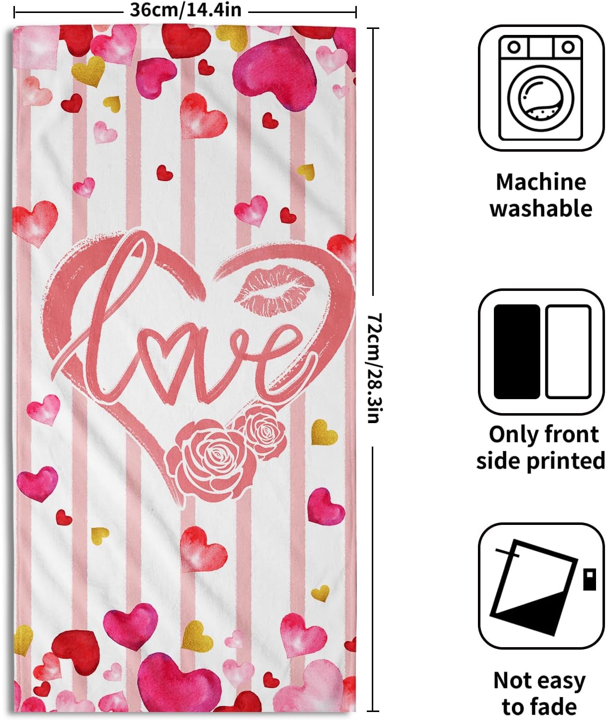 Valentine's Hand Bath Towel Set of 2 Soft Absorbent Pink Love Heart Stripe Dishtowel Happy Valentine's Day Tea Towels Cooking Wash Cloth for Kitchen Bar Beach Gym Spa Decor 14x28 Inch - Image 2