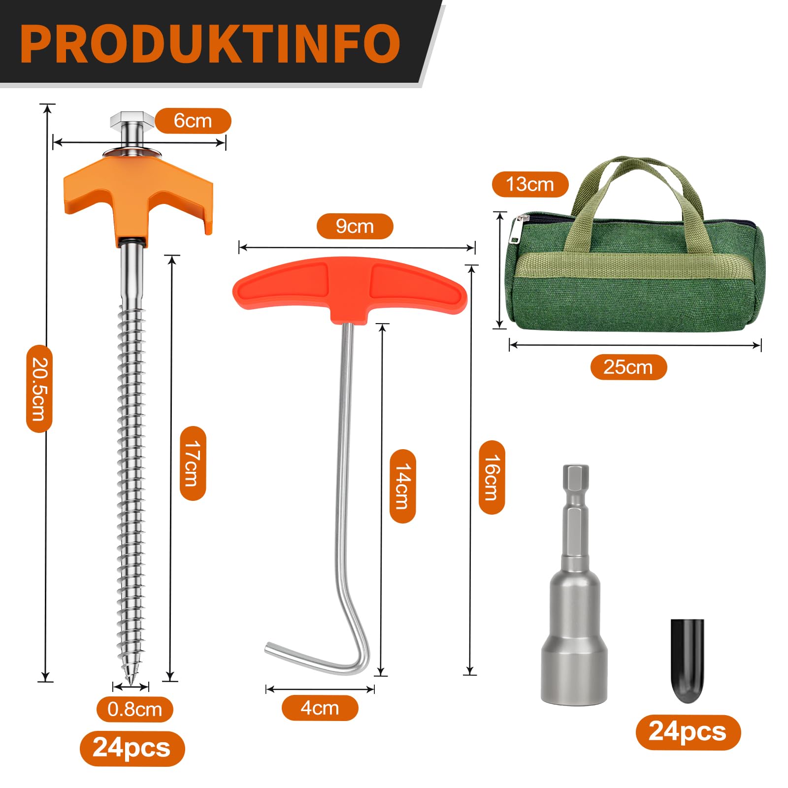 Zeltheringe, 24x Heringe Erdnägel Stabil mit Box, Stark Zeltheringe Sturmsicher mit Gewinde, Anti-ROST Camping Heringe Zelt für Harten Boden, Gras, Sandboden,Wald, Wiesen, Orange