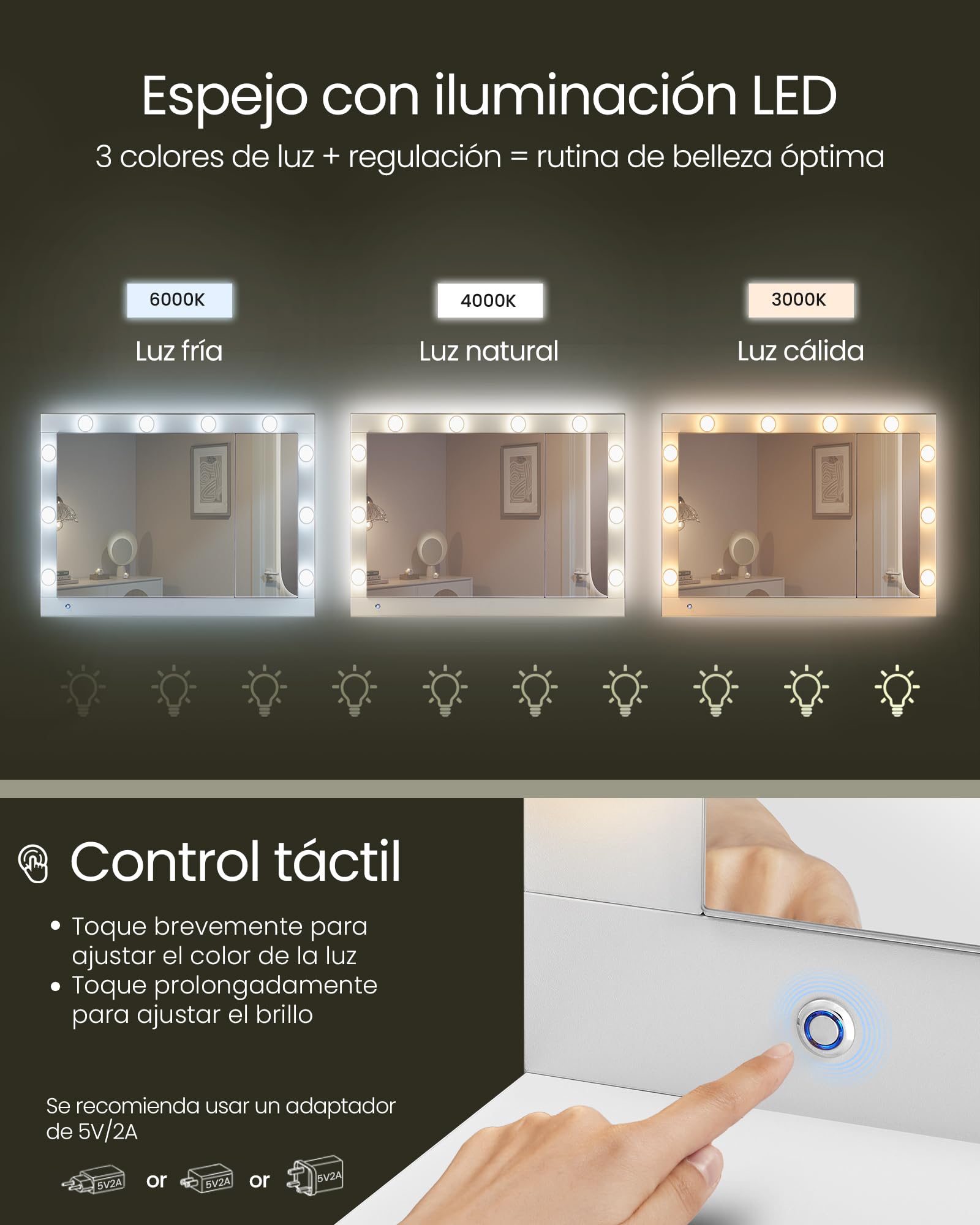 VASAGLE Tocador con Iluminación LED Mesa de Maquillaje 40x125x140 cm Blanco Nube