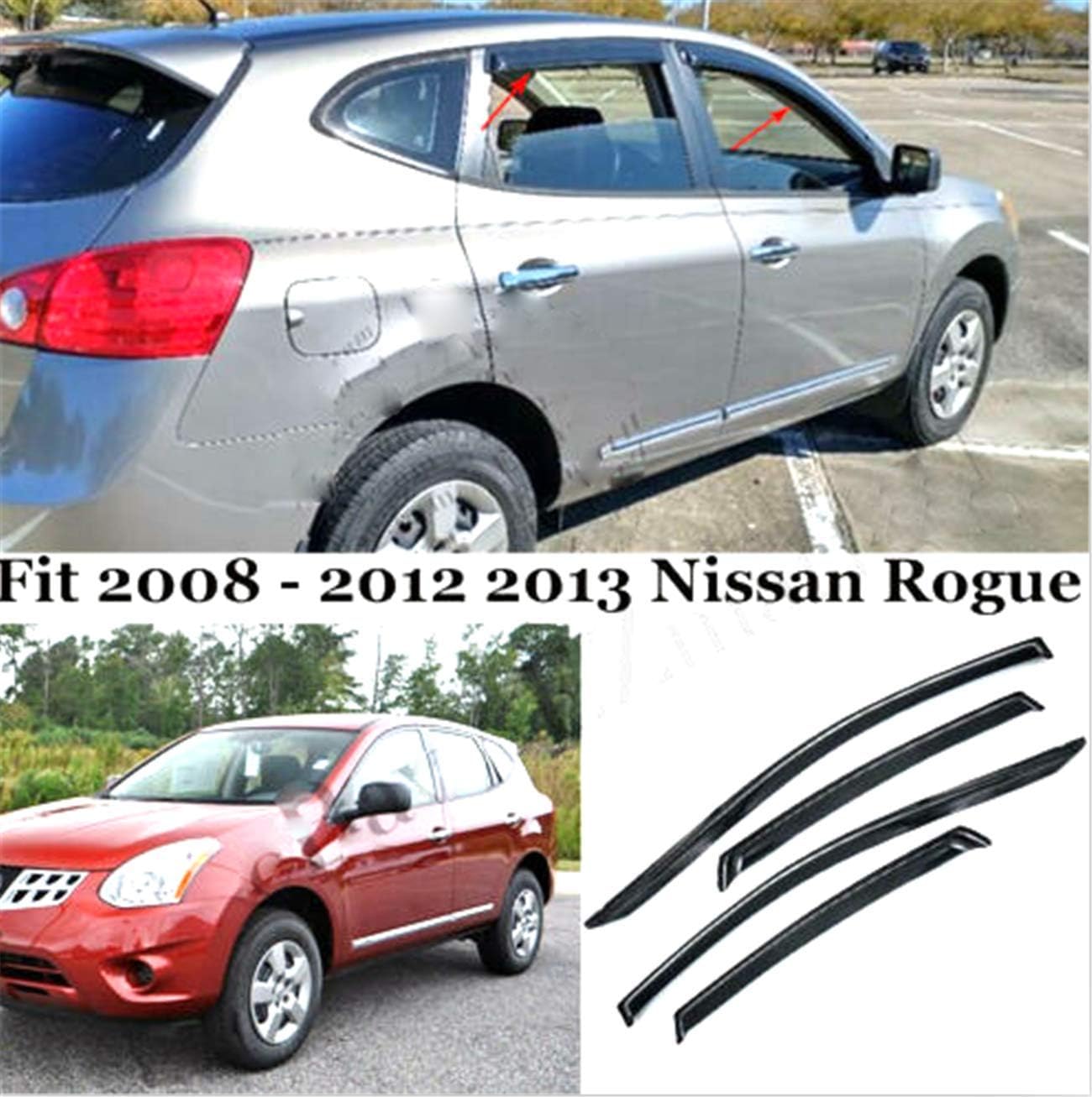 4pcs Tape On Outside Mount Style Sun Rain Guard Vent Shade Window Visors Compatible with 2008-2013 Nissan Rogue Window Visors