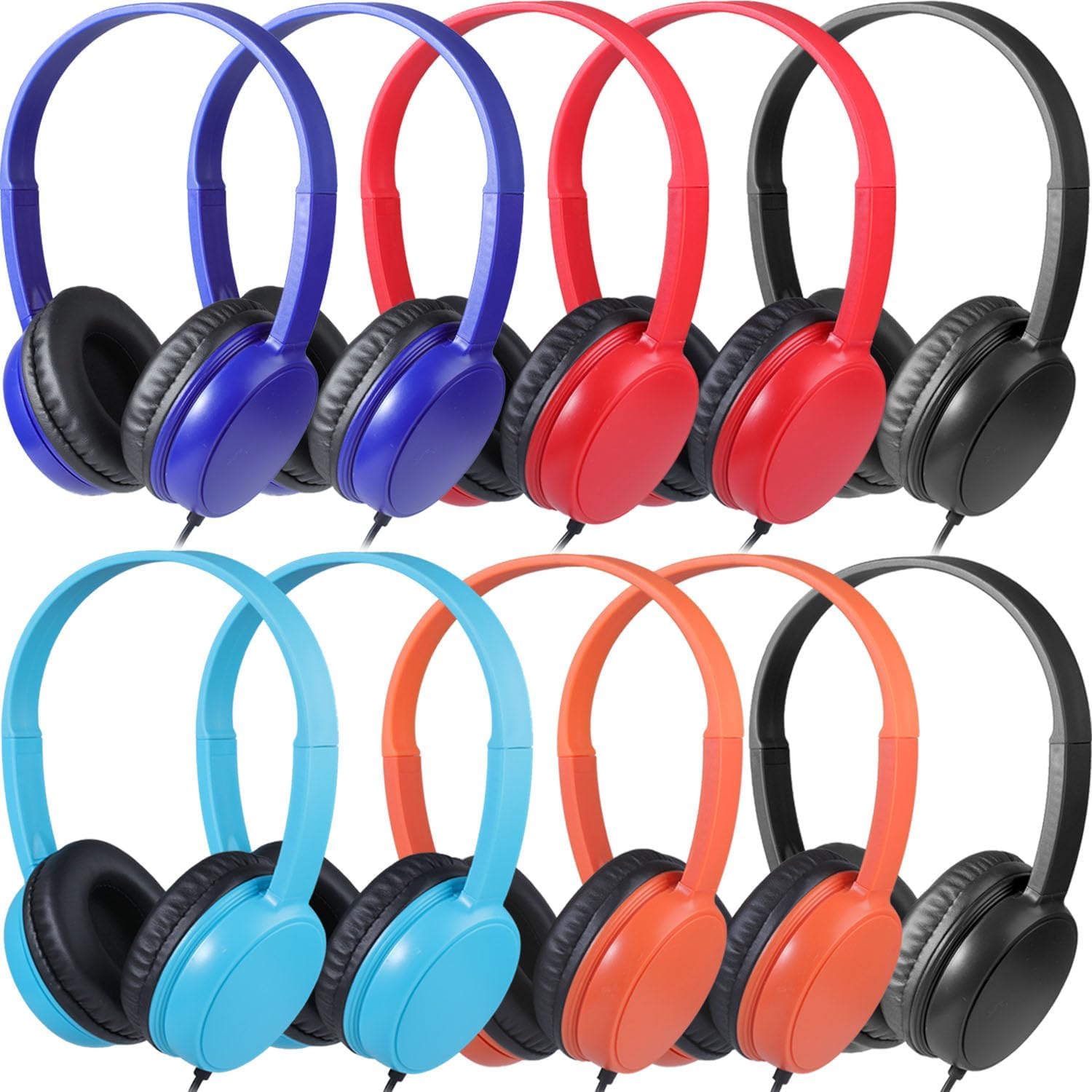 Classroom Headphones Bulk 10 Pack Mutli Colors for School Kids, Class Sets Headsets for Students (Durable,Leather Earcup, Noise Reducing, Comfortable, Easy-to-Clean)