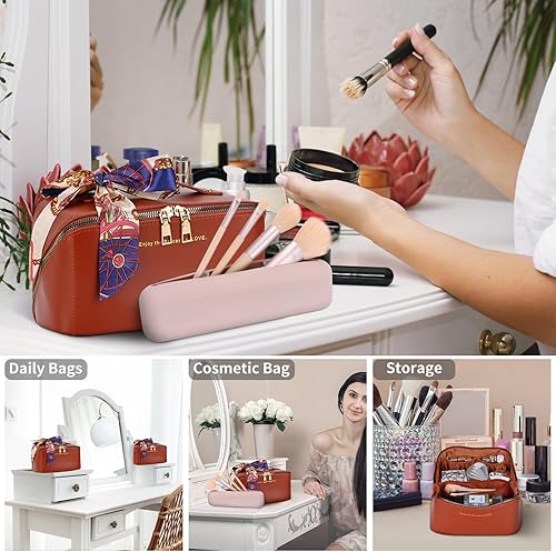 Miniatura 6 de Bolsa de cosméticos de viaje de gran capacidad Bolsa de cosméticos de doble capa transparente para mujeres, bolsa de cepillo de maquillaje de paja