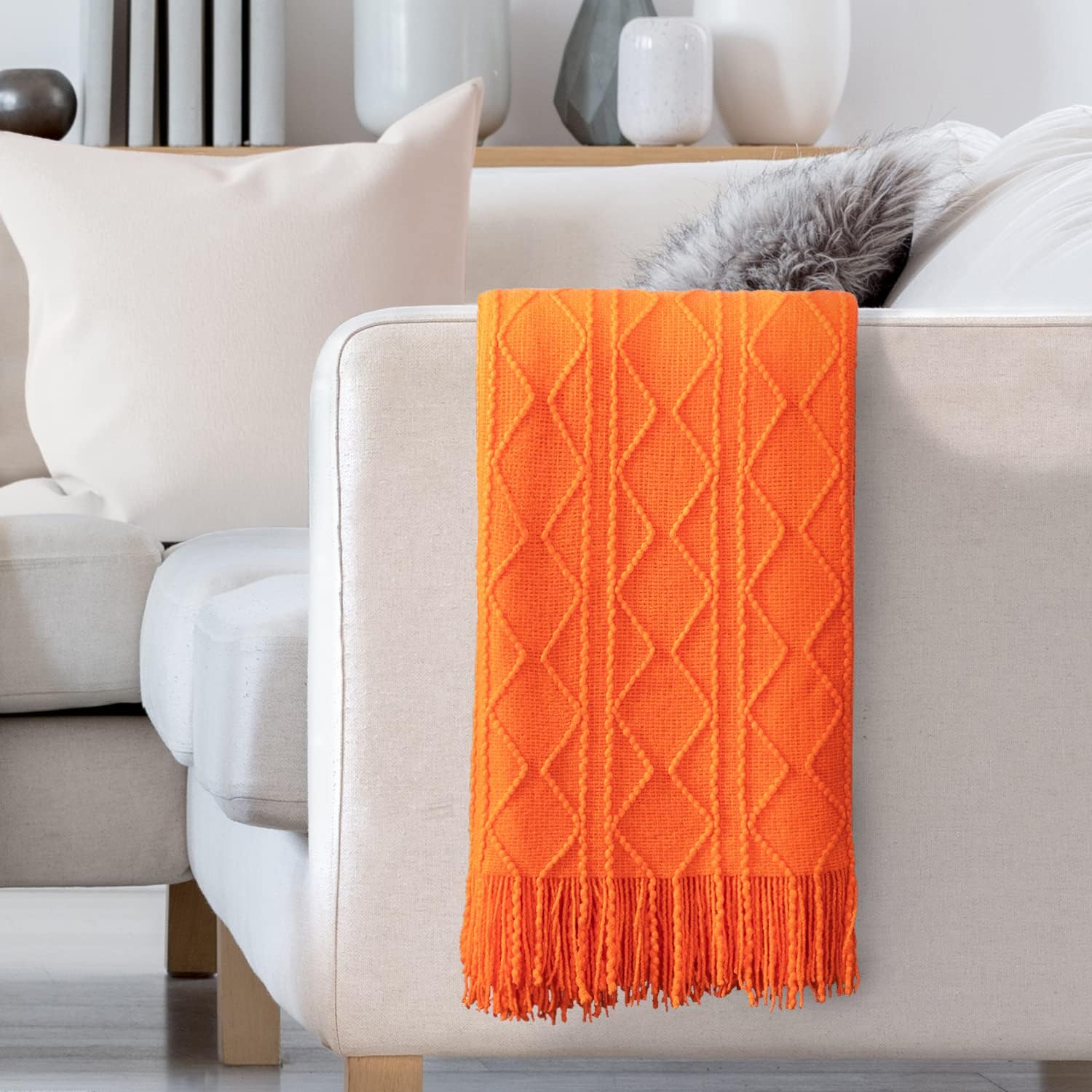 Lucian Knitted Throw Blankets Orange, Decorative Textured Cozy Throw, Lightweight Woven Blanket with Tassels for Couch, Bed, Sofa,Travel 50"*60",Suitable for Women Men and Kids