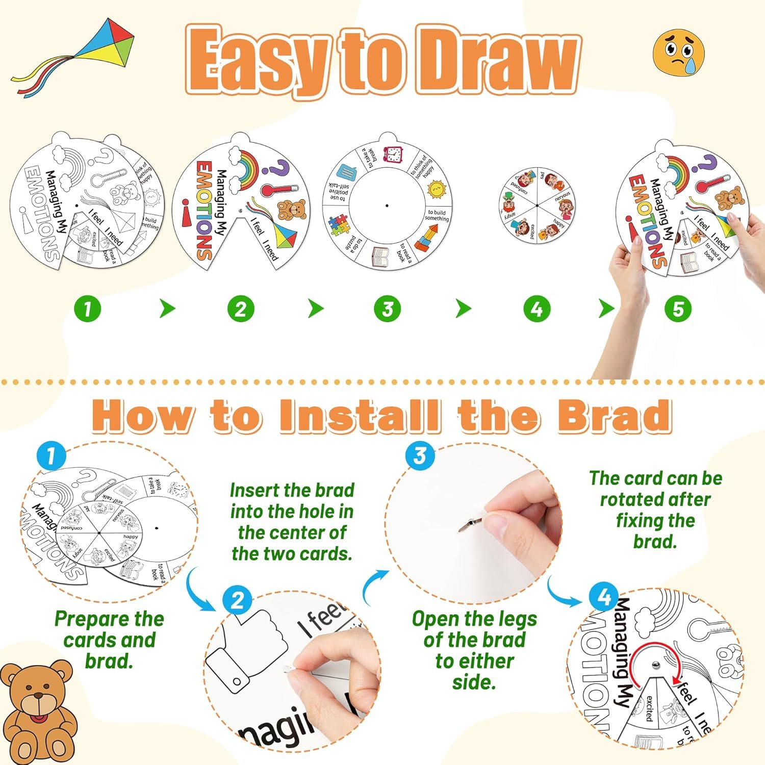 A1DIEE Managing Emotions Coloring Craft- 24 Sets Color Your Own Social Emotional Art Craft DIY Wheel Cards - Image 3