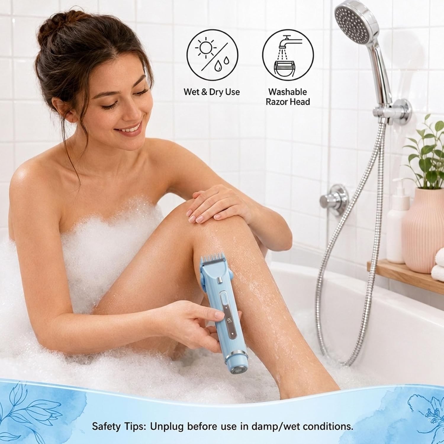 Bikini Trimmer for Women, 2 in 1 Electric Razor with LED Light & Battery Display, Rechargeable Cordless Hair Trimmer for Face Underarm Pubic Legs, Dual Washable Heads, Blue