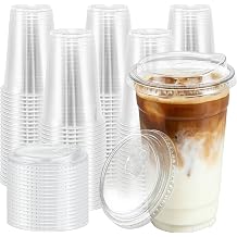 BYSNOW 100 Pack 24 oz Clear Plastic Cups with Sip Lids, Iced Coffee Cups