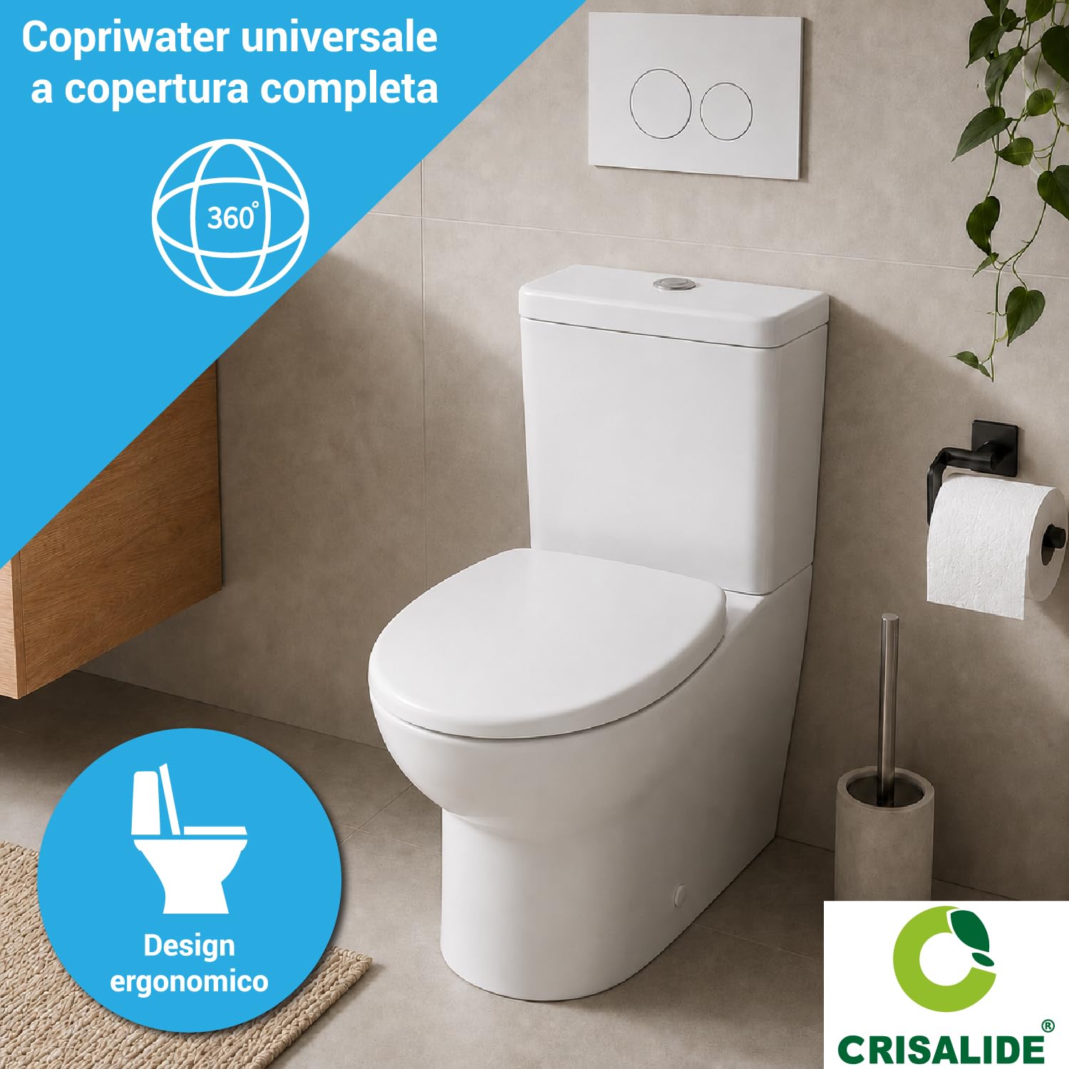 Crisalide® - Asiento de inodoro universal compatible blanco, tapa de inodoro con cobertura completa de MDF, cierre Soft Close, fijación ajustable de PVC, gomas antideslizantes, 36,7 x 44,5 cm
