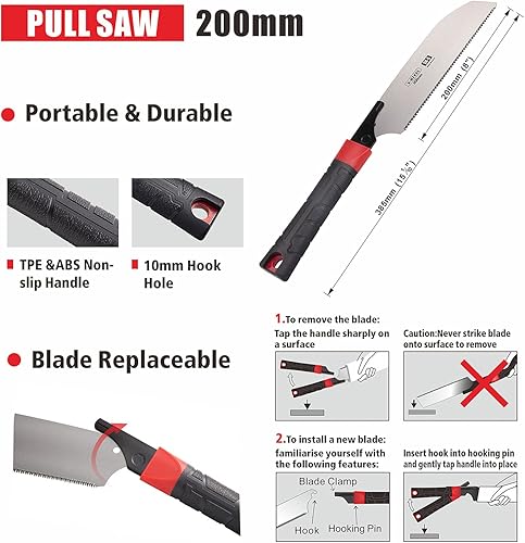 Vista 3 de Sierra de mano japonesa 2 en 1, sierra de podar de 7.87 pulgadas, sierras de podar de acero SK-5 para árbol, hoja reemplazable para manualidades