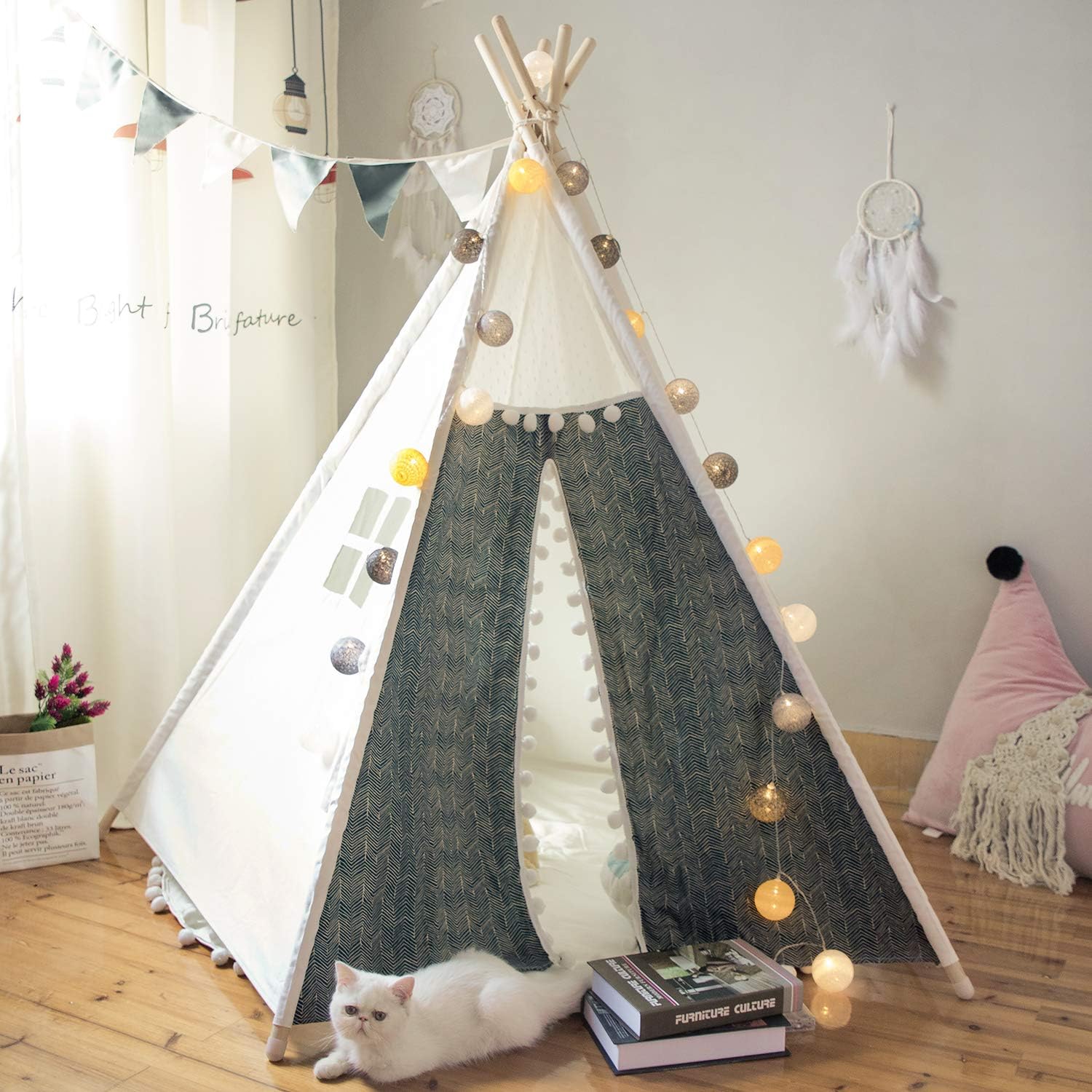 TreeBud Kids Teepee Play Tent Indoor Outdoor Five Poles Indian Tents Toddlers Boys Girls Playhouse Pompom Lace Cotton Canvas Tipi with Carry Bag (Printing)