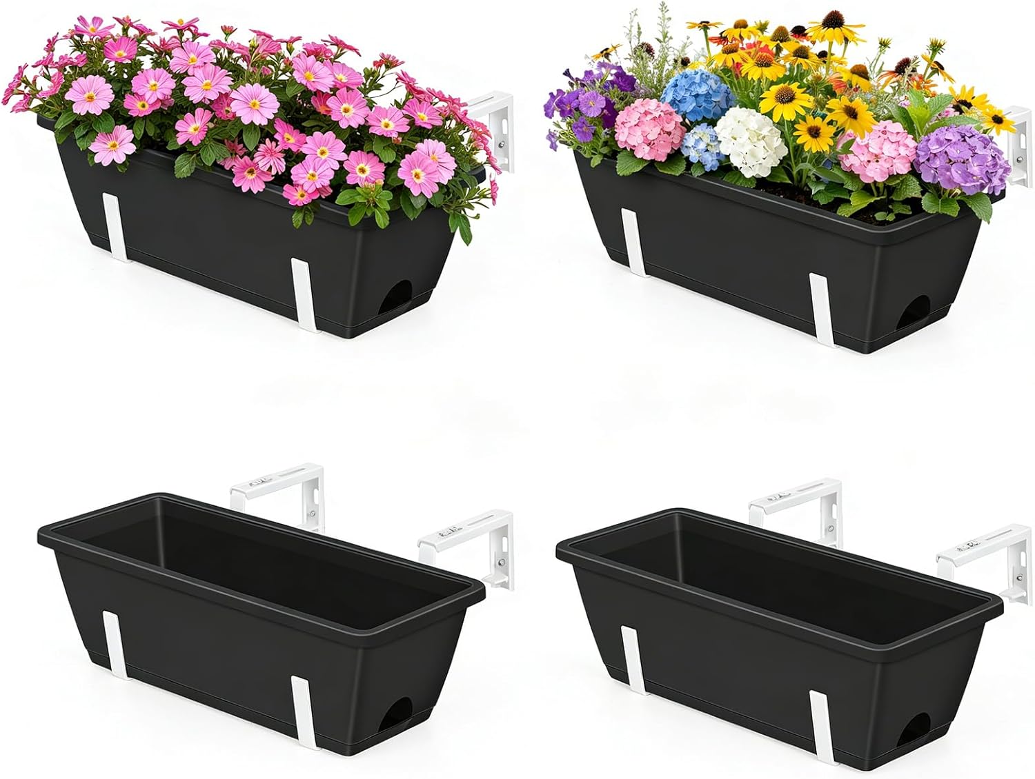 OYEAL Railing Planter Box Outdoor 4 Pack Hanging Balcony Planters 17 Inch Window Boxes Planter with Adjustable Brackets Plastic Flower Pots for Garden Deck Porch Railing Balcony Fence, Black & White