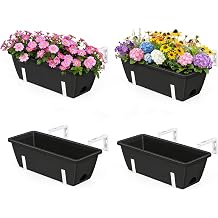 OYEAL Railing Planter Box Outdoor 4 Pack Hanging Balcony Planters 17 Inch Window Boxes Planter with Adjustable Brackets Plastic Flower Pots for Garden Deck Porch Railing Balcony Fence, Black & White