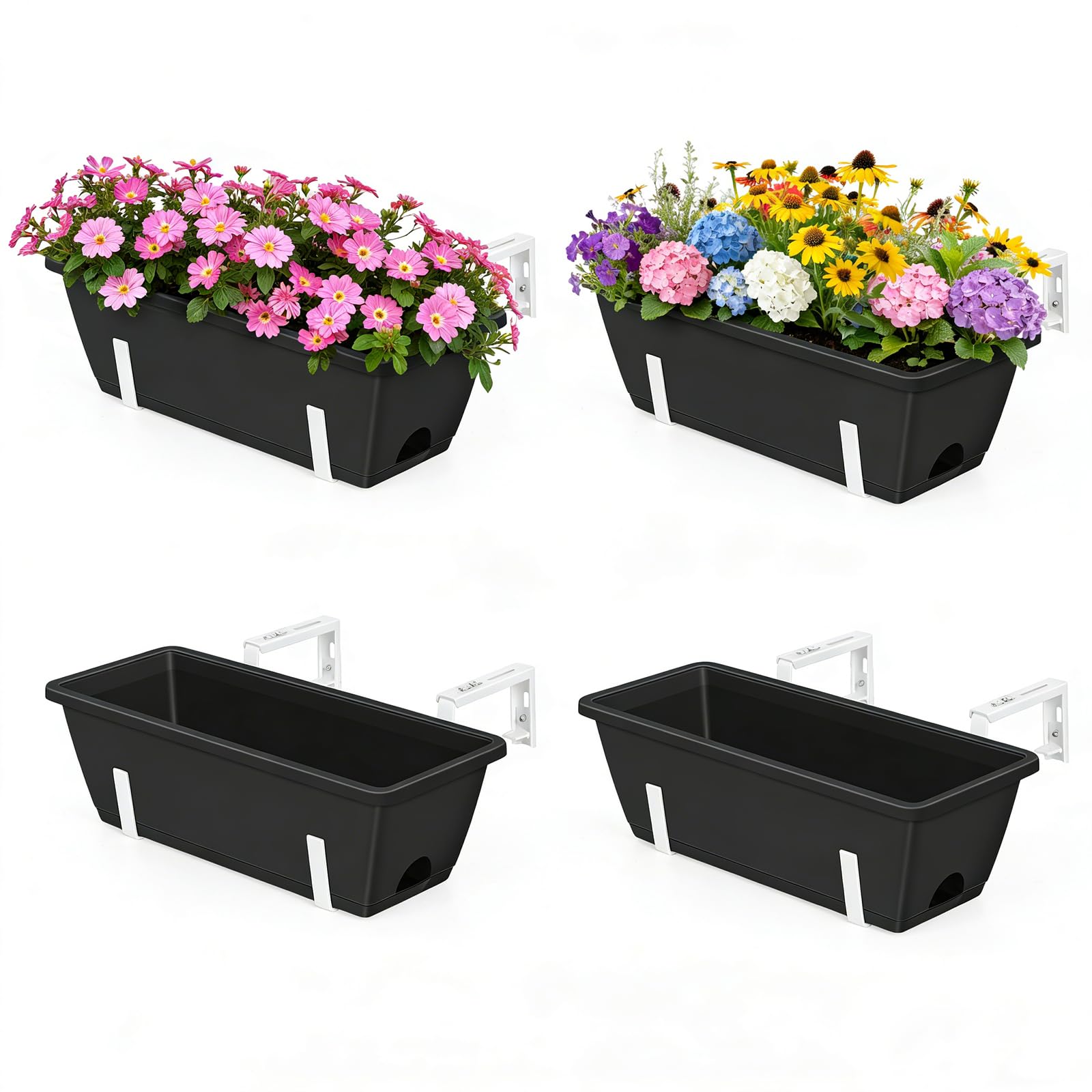 OYEAL Confezione da 4 fioriere per esterni, 43 cm, in plastica, con staffe regolabili, fioriere da appendere alla finestra, fioriere per piante da giardino, recinzione, patio, balcone, nero e bianco