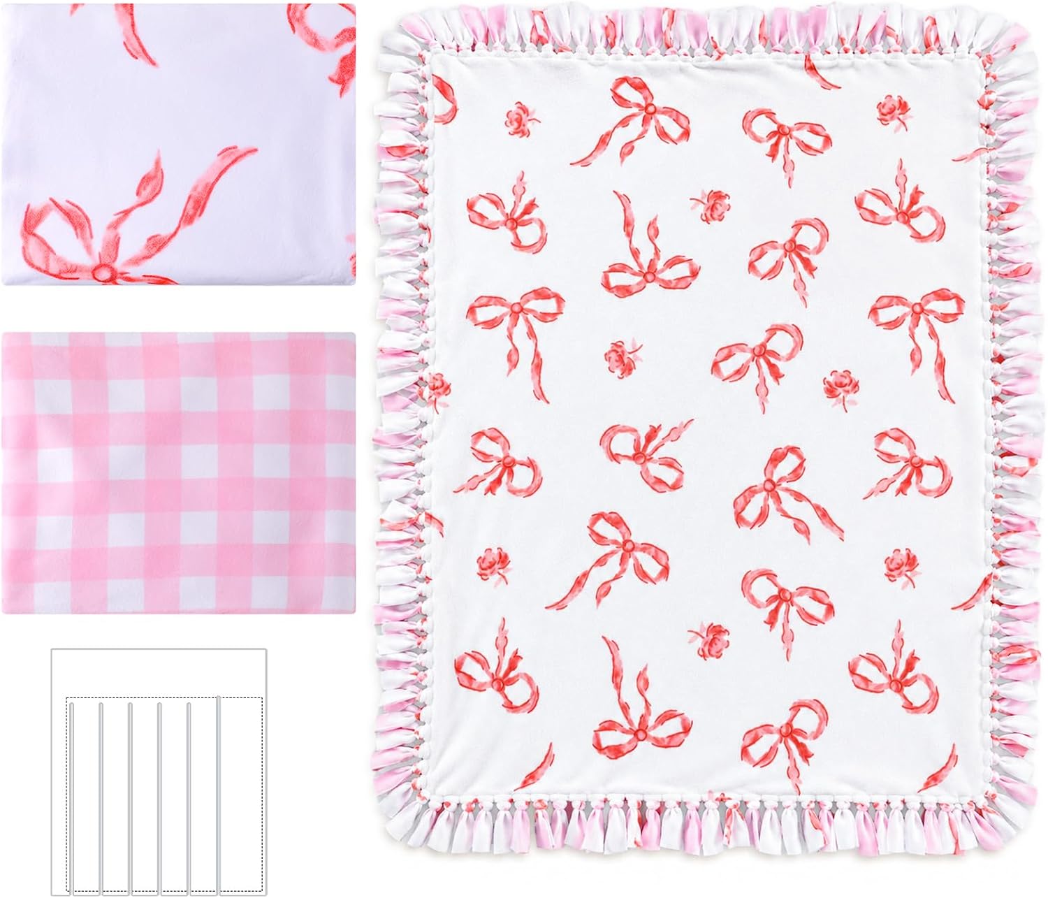 Hahafelt 3 Pcs No Sew Tie Fleece Blankets Kit,Pink Bow