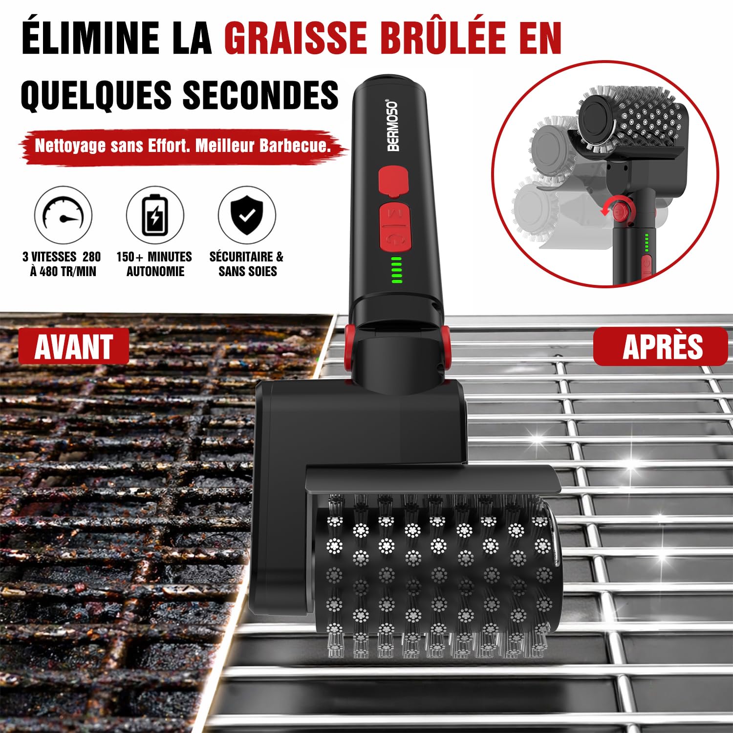 Brosse Barbecue Electrique, Rechargeable Nettoyeur Grille Barbecue avec 3 Vitesses Contre Les Graisses Brûlées, Autonomie de 150+ Minutes et Etanche, Brosse à Gril sans Effort pour BBQ Grils