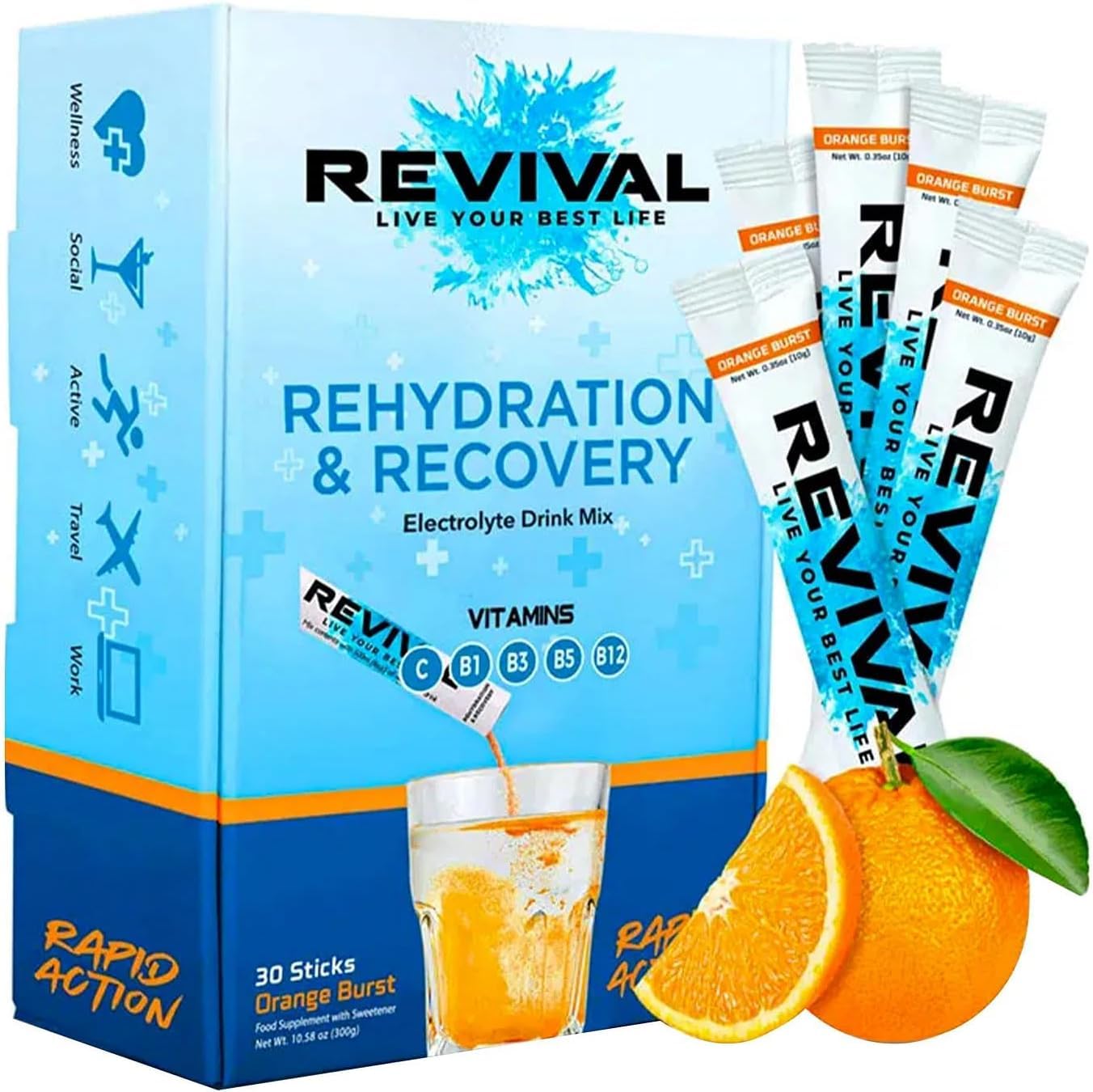 Revival Rapid Rehydration Electrolytes Powder - High Strength Vitamin C, B1, B3, B5, B12 Supplement Sachet Drink, Effervescent Electrolyte Hydration (Orange Burst, 12 count (Pack of 1))
