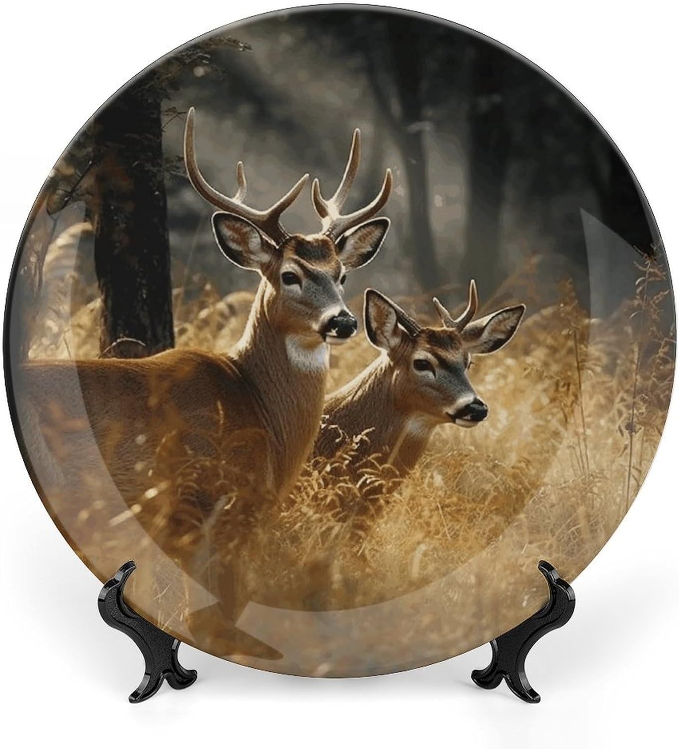Nature Wild Animal Deers Bone China Decorative Plate with Display Stand, Ceramic Ornaments Plate for Wall Hanging, Personalized Porcelain Plates for Office, Living Room 10inch