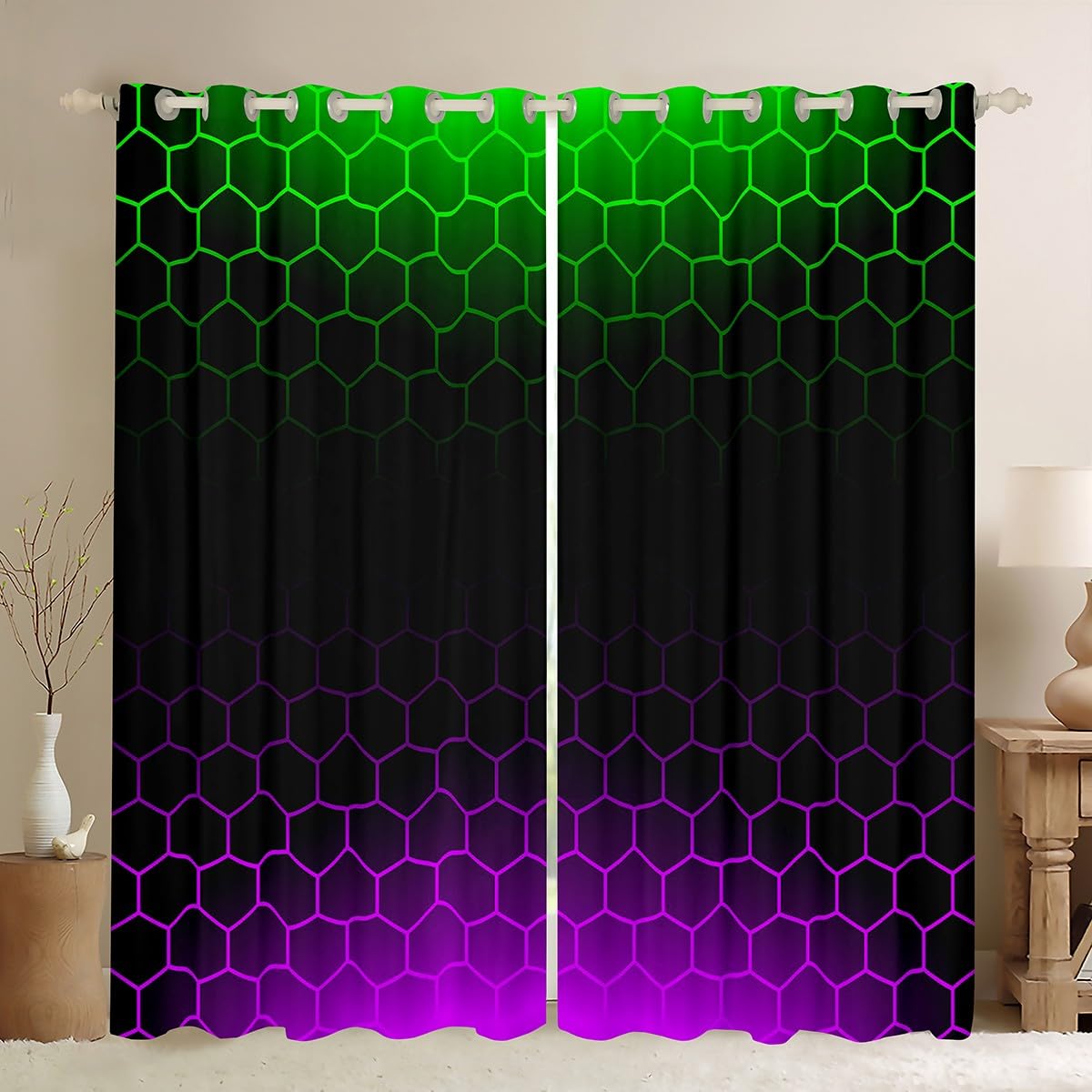 Honeycomb Window Curtains Grenn Purple Ombre Blackout Curtains(30%-50%) Beehive Hexagon Window Dreapes Kids Toddler Geometric Honeycomb Window Treatments W46*L54
