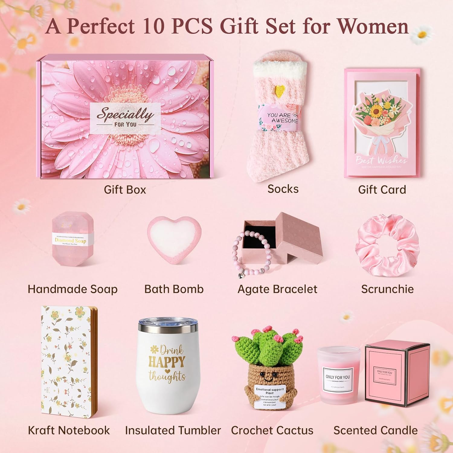 Mother's Day Gifts for Women – 10 Pcs Spa Gift Set with Bath Bomb & Crochet Cactus – Hug In a Box Get Well Surprise for Mom, Her, Sister – Relaxing Birthday, Appreciation, Self Care Basket – Rose/Pink