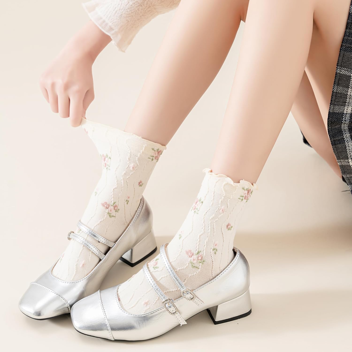 Womens Ruffle Crew Socks Vintage Patterned Ankle Casual Fashion Dress Sock Cute Lettuce Floral Socks 5/6 Pack - Image 2