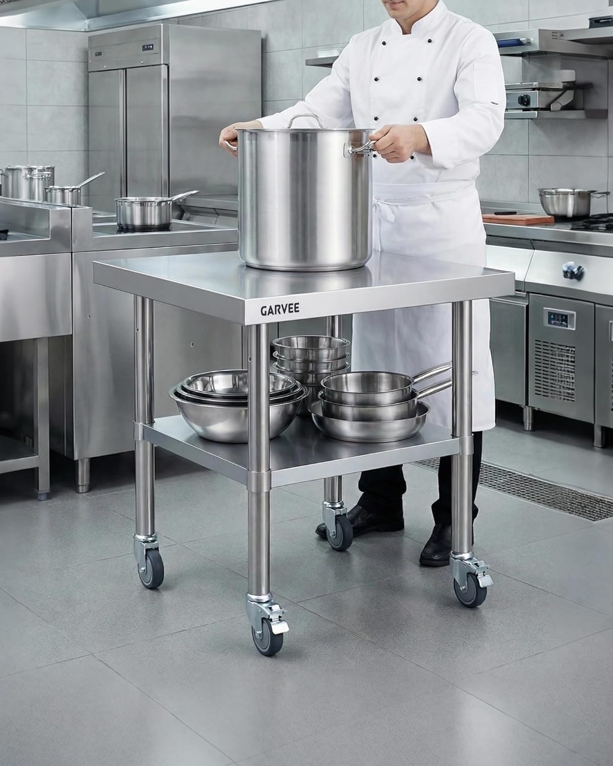Heavy Duty Stainless Steel Commercial Work Table with 3-Sided Removable Rim, 4 Locking Wheels & Adjustable Undershelf, Mobile Kitchen Prep Cart for Restaurant Bakery Garage（24 * 36）