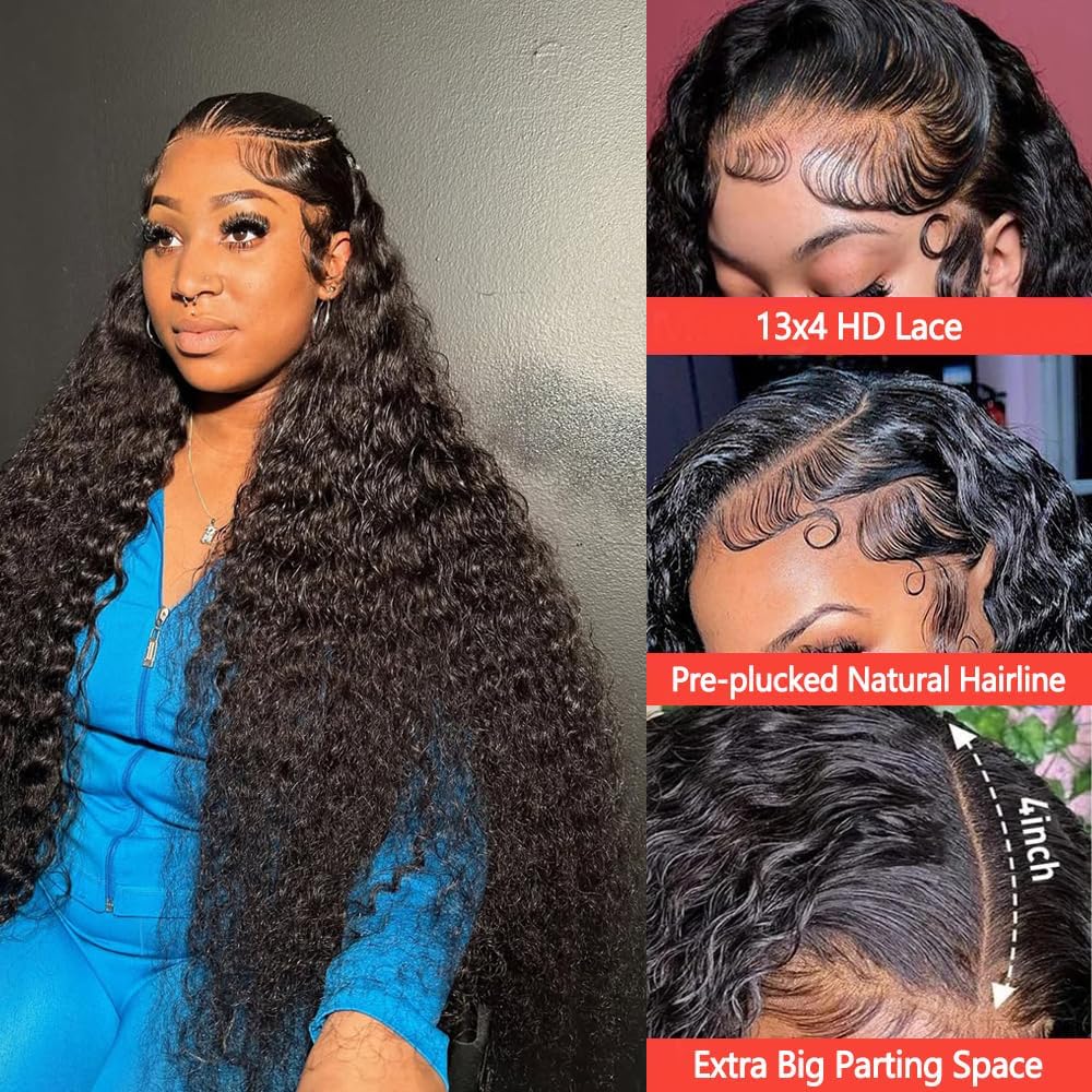 Deep Wave Lace Front Wigs Human Hair 200% Density 13x6 HD Transparent Deep Wave Frontal Wigs Human Hair With Baby Hair(32 Inch)