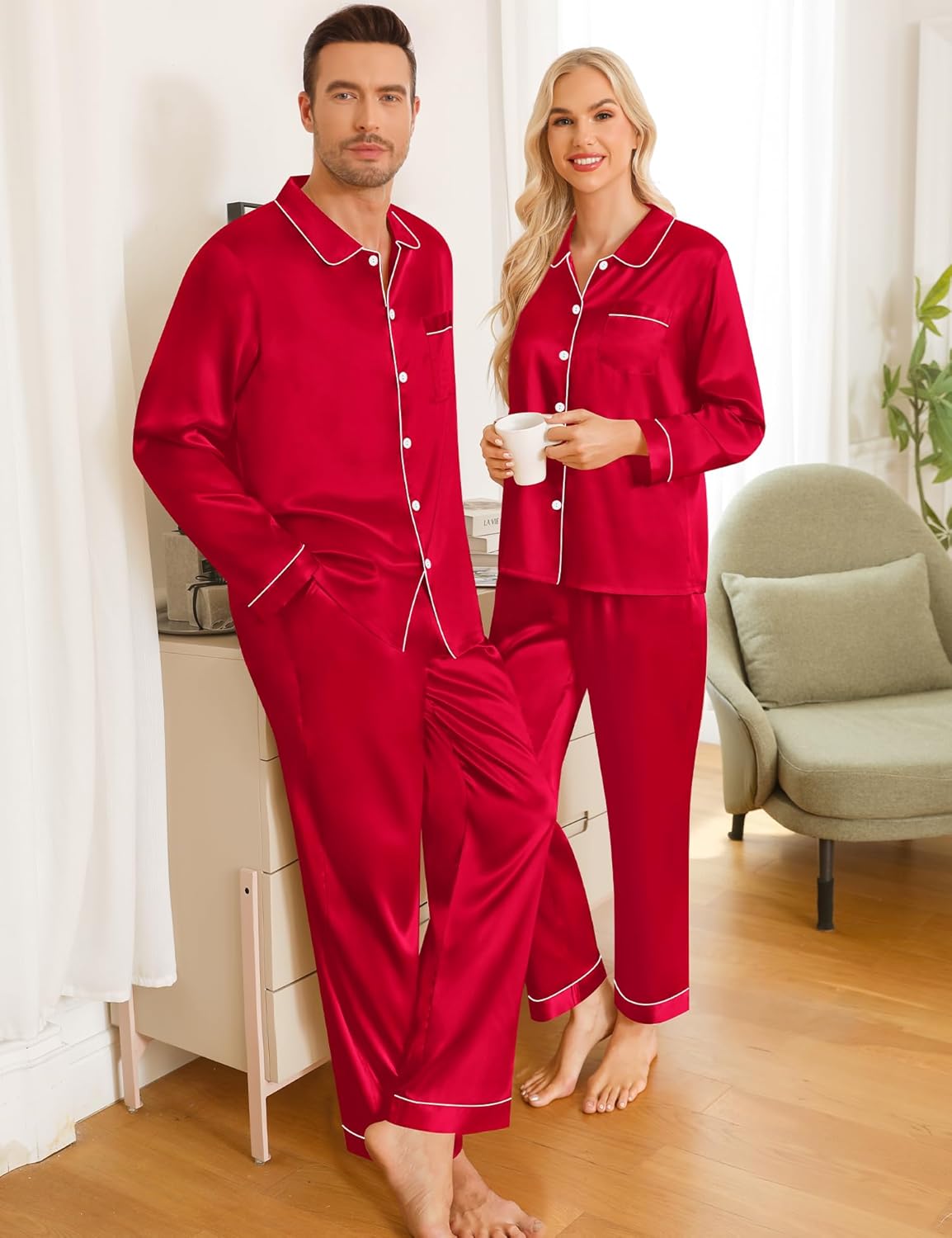 SWOMOG Couples Pajamas Sets Silk Satin Long Sleeve Sleepwear Button Down Loungewear Pjs Set Classic Pajama S-XXL - Image 8