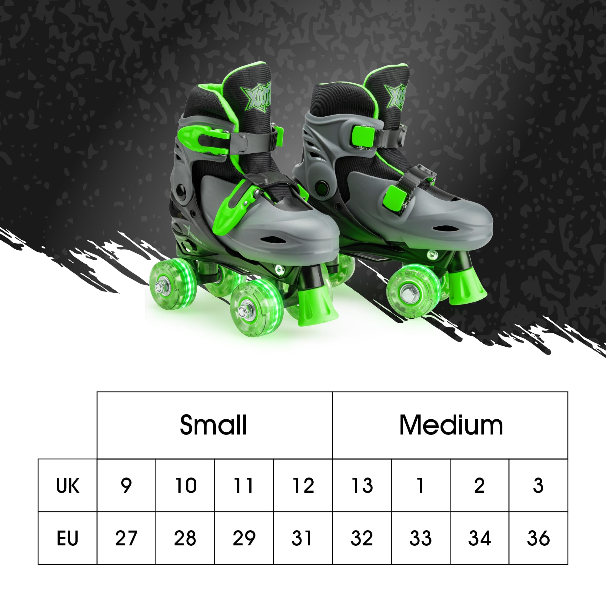 Xootz Roller Skates, Kids Adjustable Quad Skates for Beginners, with Light Up LED Wheels, Multiple Colours and Sizes, Ages 5+