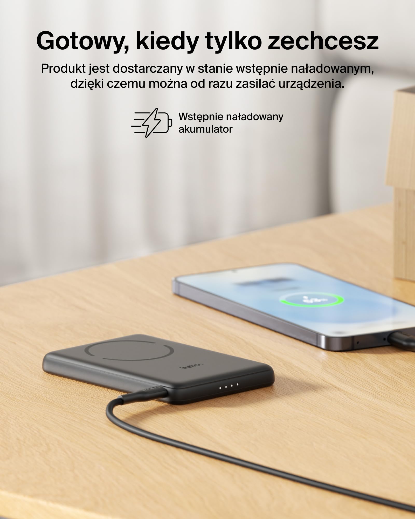 Belkin BoostCharge Magnetyczny Powerbank 5000mAh, Certyfikat Qi2, z Pierścieniem Magnetycznym i Portem USB-C, Smukła Ładowarka 15W do Urządzeń iPhone, Galaxy, Pixel – z Kablem USB-C – Czarny
