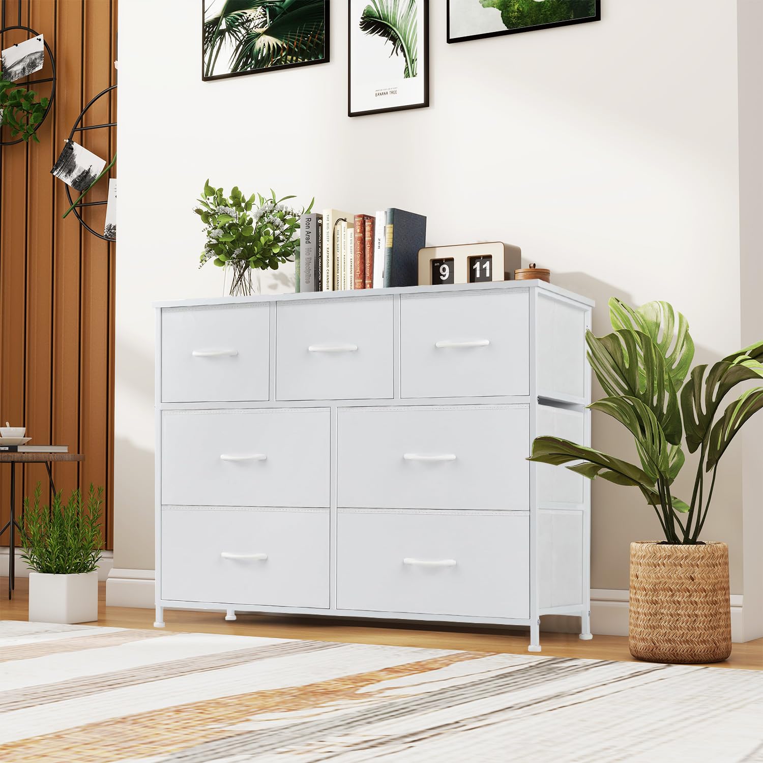 Dresser for Bedroom, 7 Storage Drawers, Anti-Tip Wide Fabric Closet Chests Organizer Tower Furniture, TV Stand for TV up to 45 inch with Wooden Top Metal Frame (White)