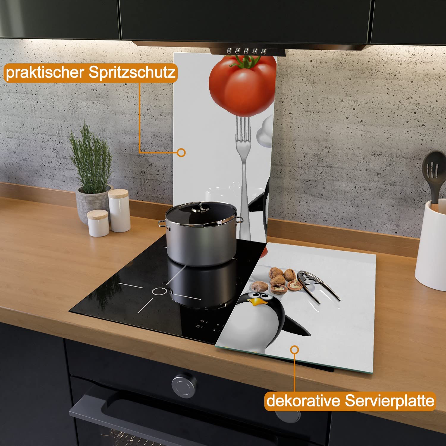 Wallario Herdabdeckplatte/Spritzschutz aus Glas, 2-teilig, 60x52cm, für Ceran- und Induktionsherde, Pinguin Koch