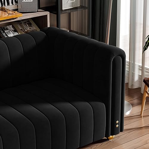 Miniatura 4 de Sofá de terciopelo negro de 81.3 pulgadas con patas de bola de metal dorado, moderno sofá de 3 plazas de gran tamaño de mediados de siglo, cómodos