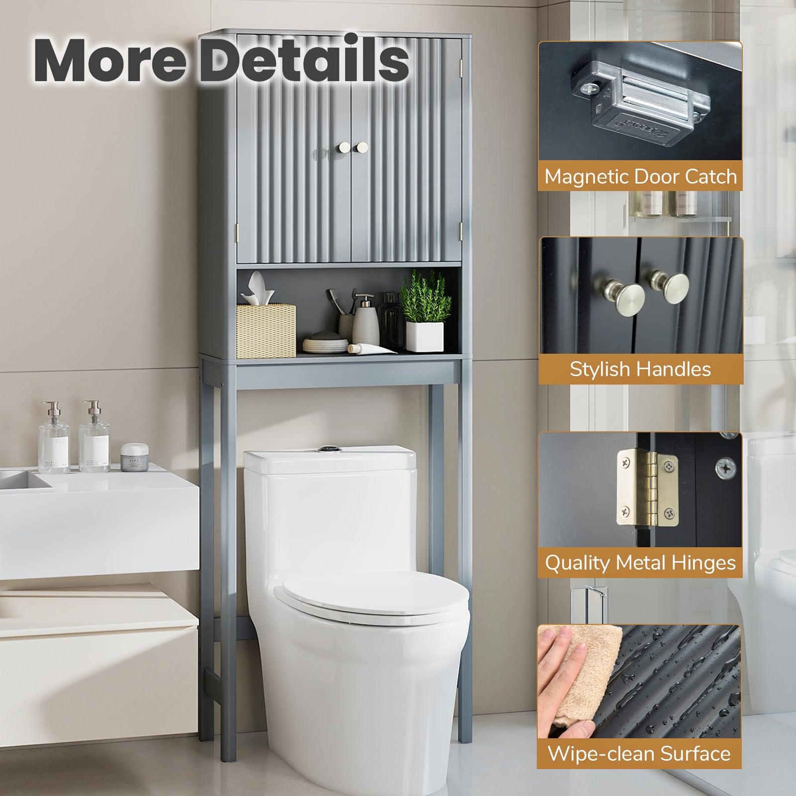 LIFEZEAL Armadietto portaoggetti per bagno, mobile portaoggetti alto sopra il WC con ante ripiani regolabili e barra inferiore, mobile salvaspazio per bagno (grigio)